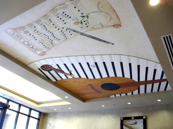 Guitar,piano, flute & scroll mural