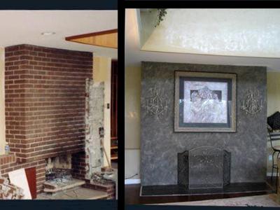 Old brick fireplace transformed into faux slate