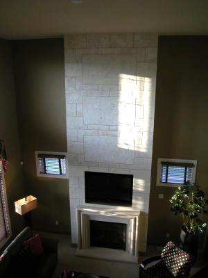 Indiana Limestone faux block on 18 ft fireplace