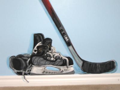 Trompe L'oeil hockey stick and skates