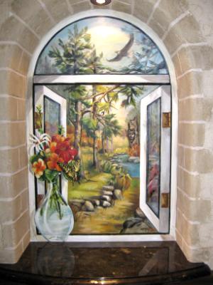 Niche with mural and faux stone surround
